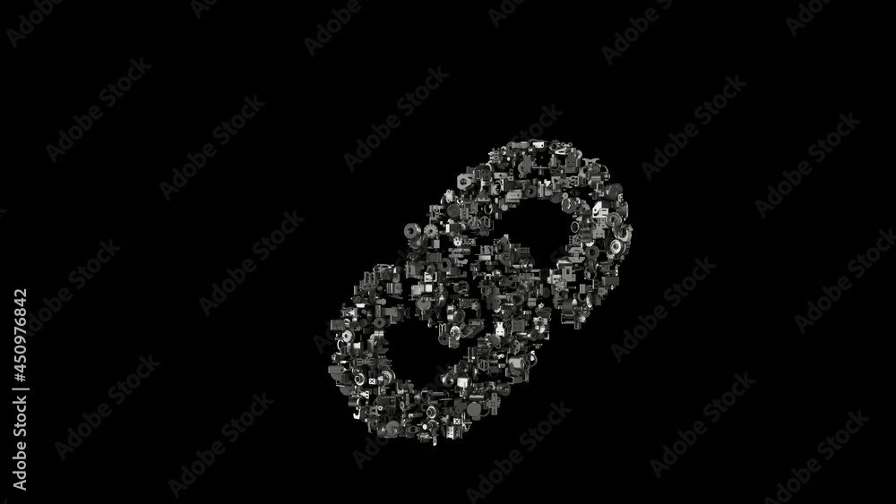3d rendering mechanical parts in shape of symbol of link isolated on black background 3d rendering mechanical parts in shape of symbol of link isolated on black background