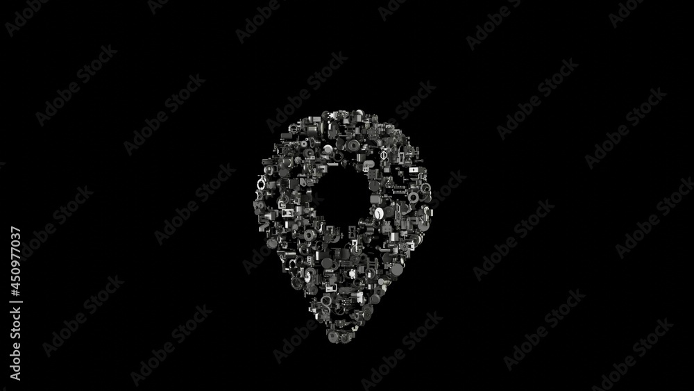 3d rendering mechanical parts in shape of symbol of map marker isolated on black background 3d rendering mechanical parts in shape of symbol of map marker isolated on black background