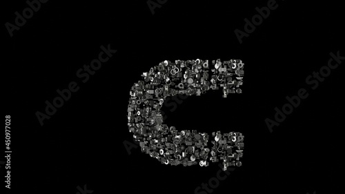 3d rendering mechanical parts in shape of symbol of magnet isolated on black background