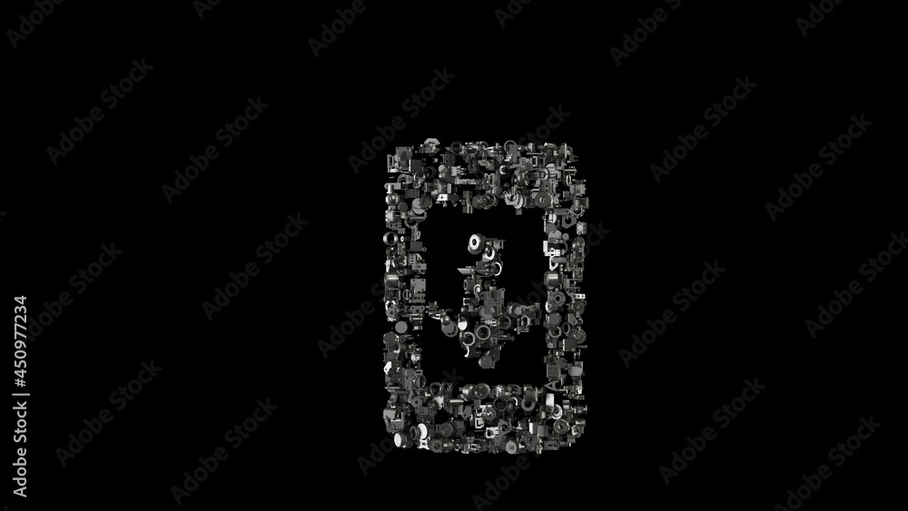 3d rendering mechanical parts in shape of symbol of mobile phone isolated on black background
