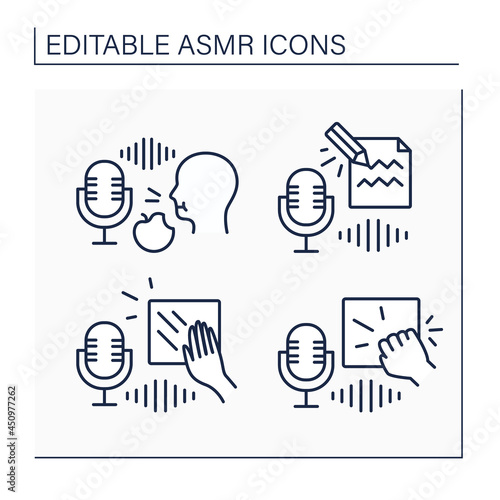 ASMR line icons set. Scratching, knocking, eating food and writing on paper sounds.Modern trends. Internet trend concept. Isolated vector illustration. Editable stroke