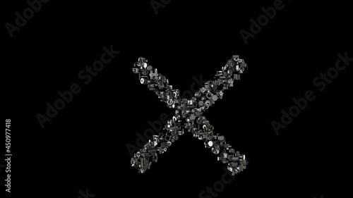 3d rendering mechanical parts in shape of symbol of multiply isolated on black background
