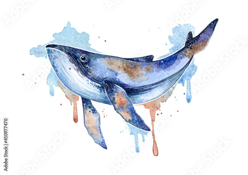 watercolor illustration isolated on white background fantastic whale splash