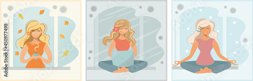 Comfortable work and rest during the coronavirus. Implement your plans at home in any weather. A set of pictures. The life of a freelance girl. Morning coffee, work or study, yoga practice. Vector.