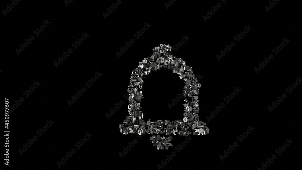 3d rendering mechanical parts in shape of symbol of notifications bell button isolated on black background 3d rendering mechanical parts in shape of symbol of notifications bell button isolated on black background