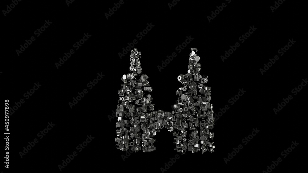 3d rendering mechanical parts in shape of symbol of Petronas twin tower isolated on black background