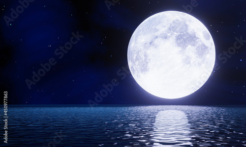 The blue full moon is reflected in the sea. A wave of water from the ocean to island. The sky has many stars. Ripples on the sea at night. 3D Rendering