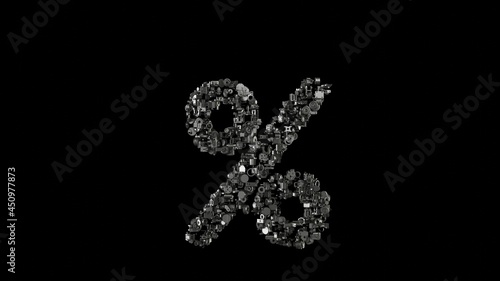 3d rendering mechanical parts in shape of symbol of percent isolated on black background