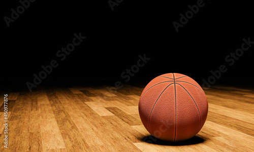 Basketball ball placed on the green playing field. Team sports equipment. 3D rendering