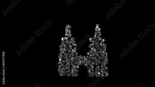 3d rendering mechanical parts in shape of symbol of Petronas twin tower isolated on black background