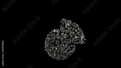 3d rendering mechanical parts in shape of symbol of pie chart isolated on black background