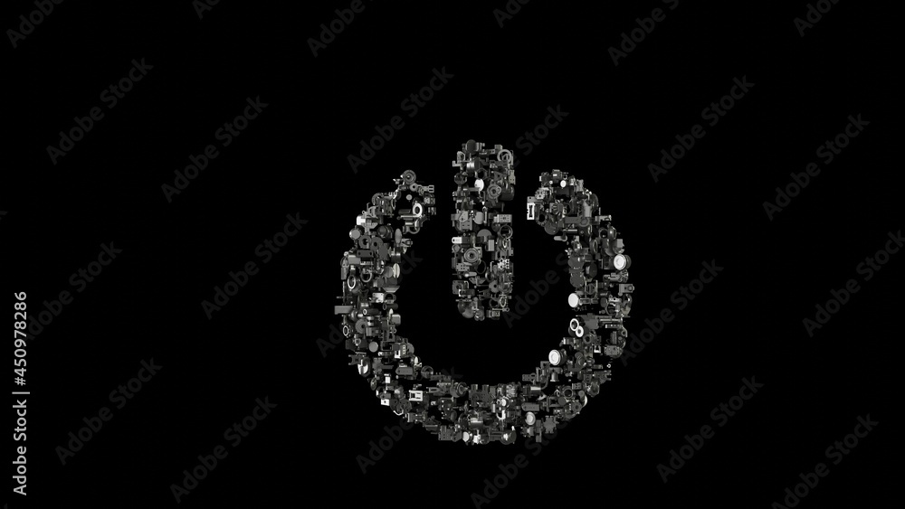 3d rendering mechanical parts in shape of symbol of power off isolated on black background 3d rendering mechanical parts in shape of symbol of power off isolated on black background