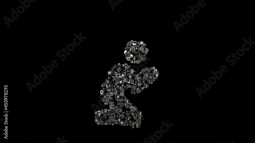 3d rendering mechanical parts in shape of symbol of pray isolated on black background