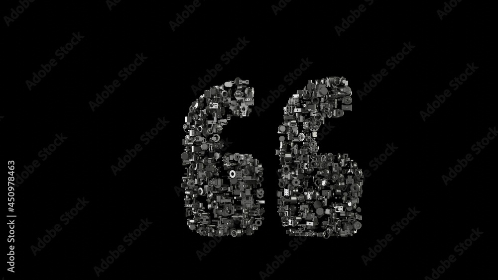 3d rendering mechanical parts in shape of symbol of quote left isolated on black background 3d rendering mechanical parts in shape of symbol of quote left isolated on black background