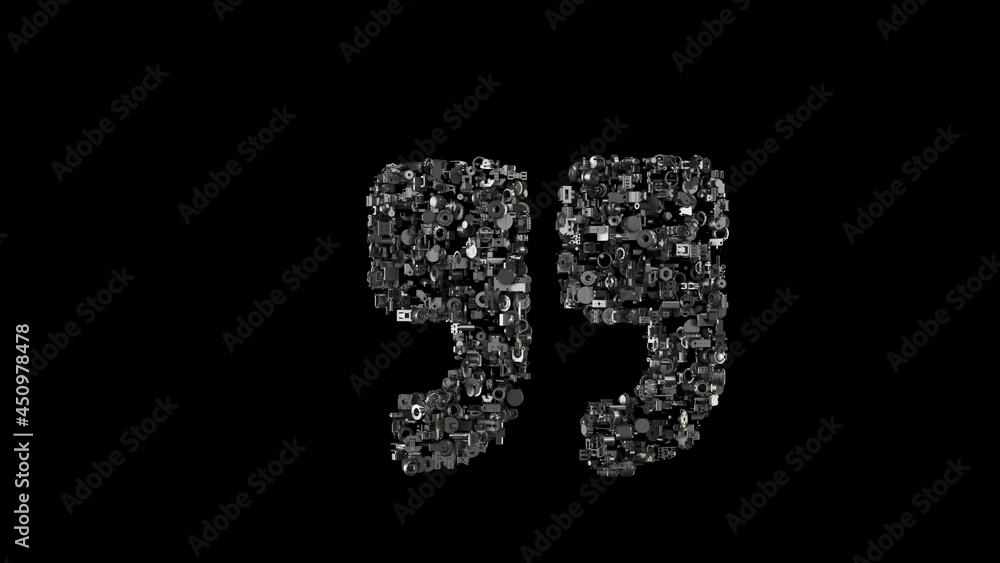3d rendering mechanical parts in shape of symbol of quote right isolated on black background