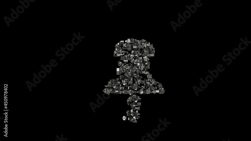 3d rendering mechanical parts in shape of symbol of push pin isolated on black background