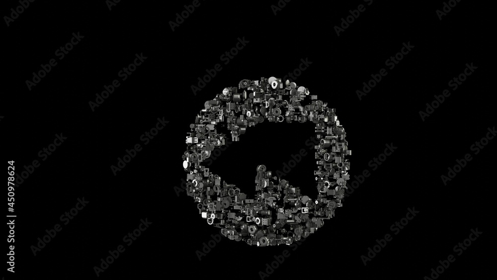 3d rendering mechanical parts in shape of symbol of rewind isolated on black background