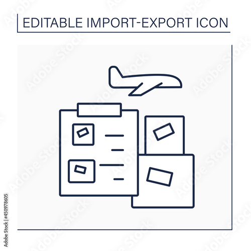 Air waybill line icon. Document accompanies goods shipped by an international air courier. Information about shipment.Import and export concept. Isolated vector illustration. Editable stroke