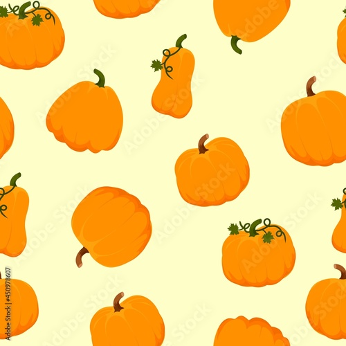 Pumpkin pattern on a beige background. Halloween. Vector illustration in a flat style.