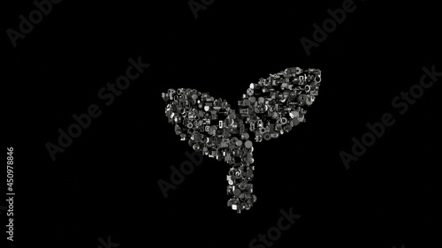 3d rendering mechanical parts in shape of symbol of seedling isolated on black background