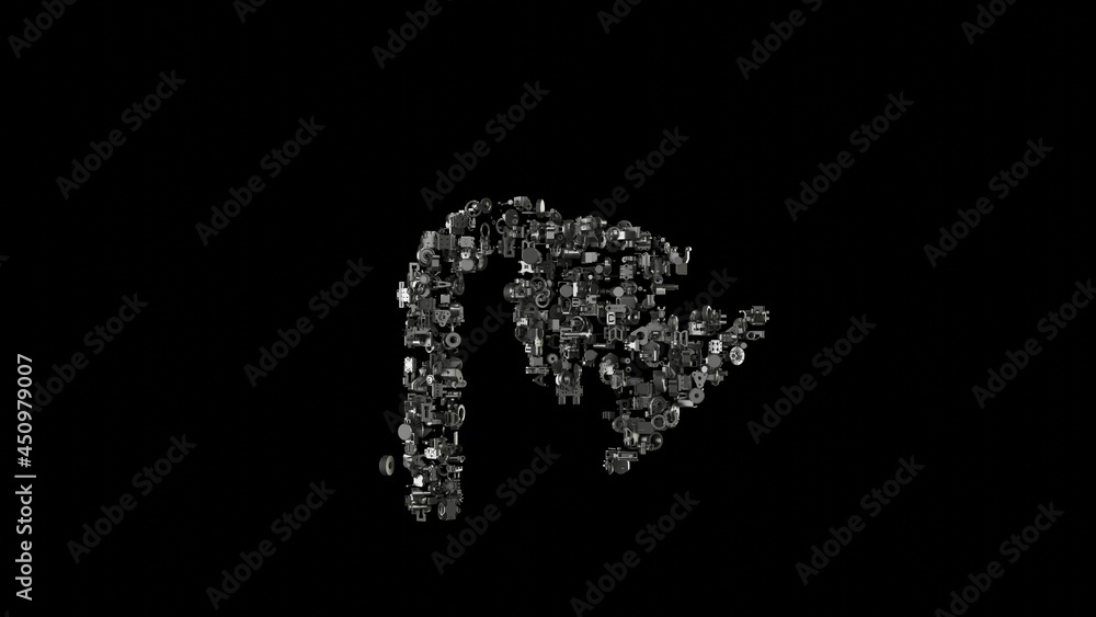 3d rendering mechanical parts in shape of symbol of shower isolated on black background