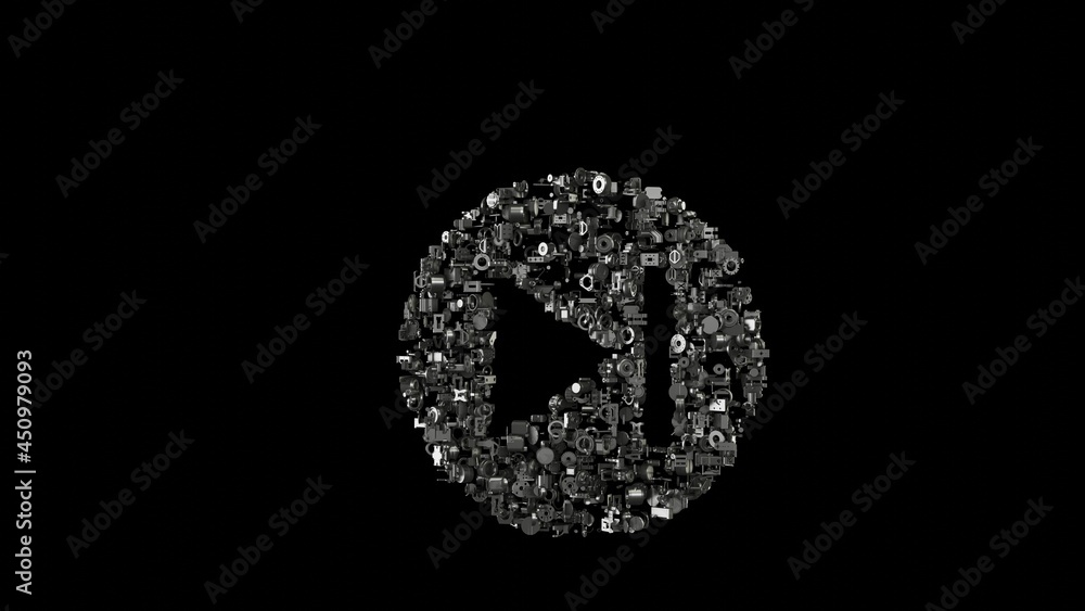 3d rendering mechanical parts in shape of symbol of skip isolated on black background