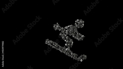 3d rendering mechanical parts in shape of symbol of skiing isolated on black background
