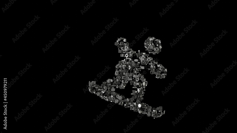 3d rendering mechanical parts in shape of symbol of snowboarding isolated on black background
