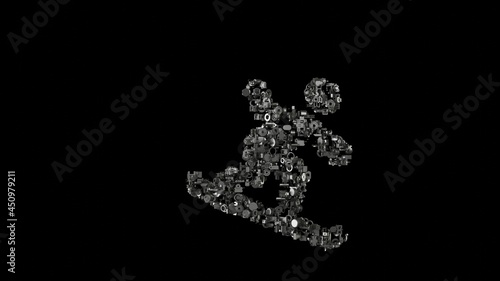 3d rendering mechanical parts in shape of symbol of snowboarding isolated on black background