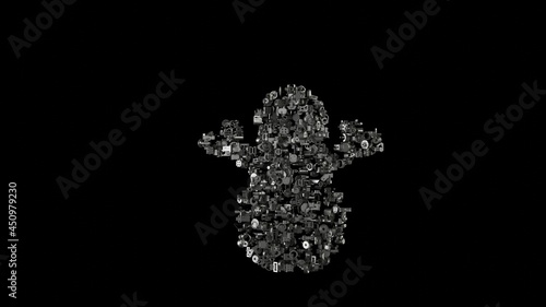 3d rendering mechanical parts in shape of symbol of snowman isolated on black background