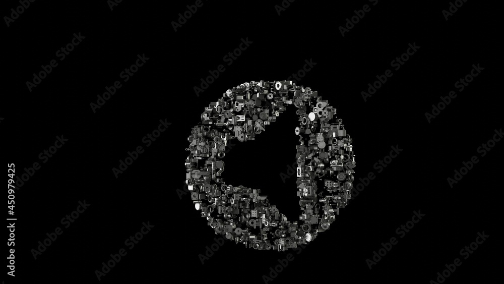 3d rendering mechanical parts in shape of symbol of speaker isolated on black background