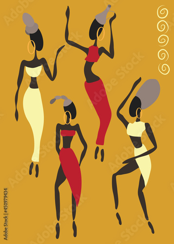 Beautiful African silhouettes of girls. Traditional dance. Clothing of the peoples of Africa. Large decorations. Rituals. Ethnic, vector illustration. The ornament.