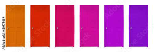 Group of wooden doors on white background