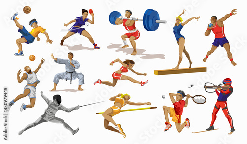 Sport people set. Collection of different sport activity. Professional athlet doing sport. Basketball, football,karate,tennis,sprint,gymnastic,weightlifter . Vector illustration in cartoon style