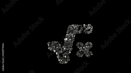 Photos 3d rendering mechanical parts in shape of symbol of square root isolated on blac