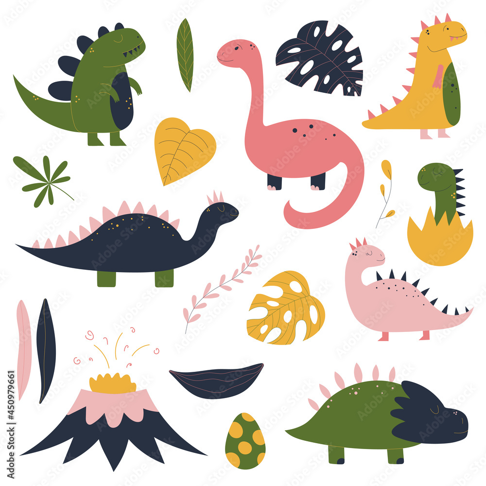 Fototapeta premium Colorful hand drawn set with dinosaur, tropical leaves, volcano, baby dino in egg. Colorful design for kid nursery. Childish Jurassic reptiles characters. Vector illustration