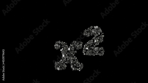 3d rendering mechanical parts in shape of symbol of superscript isolated on black background