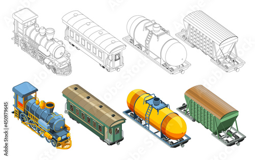 Set with coloring page and colorful steam locomotive, passenger Railway carriage, freight car, wagon canister. Vintage retro train graphic vector. Isolated on white background