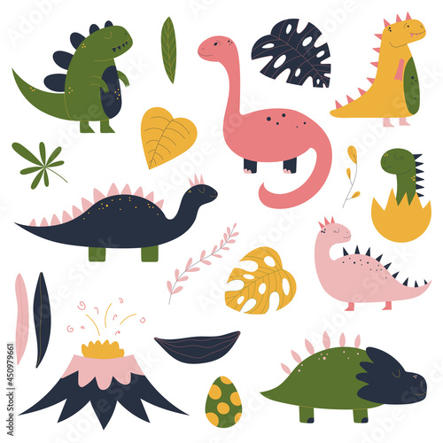 Colorful hand drawn set with dinosaur  tropical leaves  volcano  baby dino in egg. Colorful design for kid nursery. Childish Jurassic reptiles characters. Vector illustration