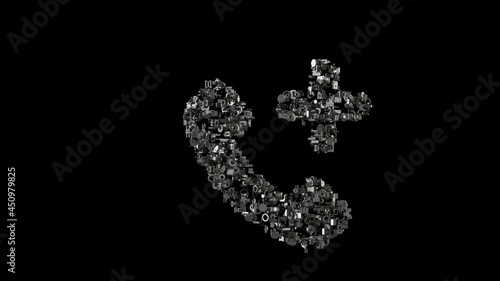 3d rendering mechanical parts in shape of symbol of technology isolated on black background