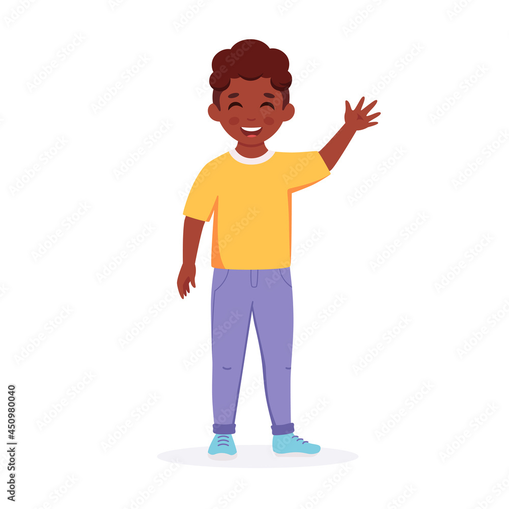 Little black boy smiling and waving hand. Greeting gesture. Elementary school student, kindergarten pupil. Vector illustration