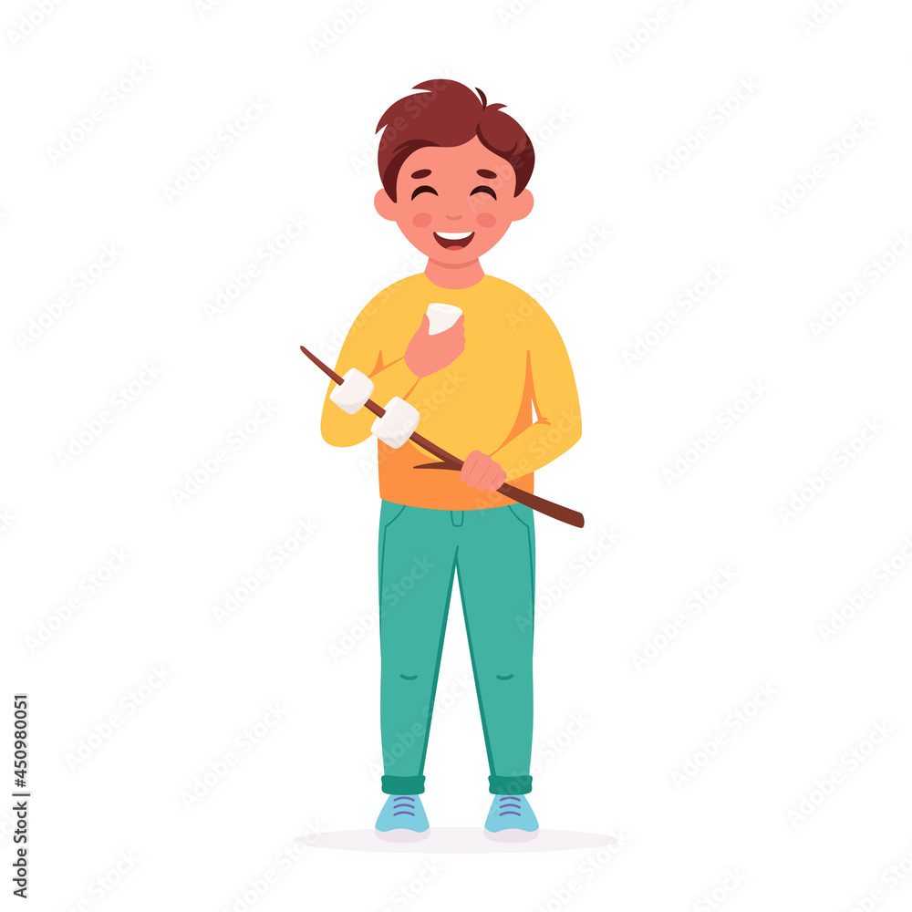Little boy with marshmallow. Boy scout. Camping, summer kids camp concept. Vector illustration Little boy with marshmallow. Boy scout. Camping, summer kids camp concept. Vector illustration