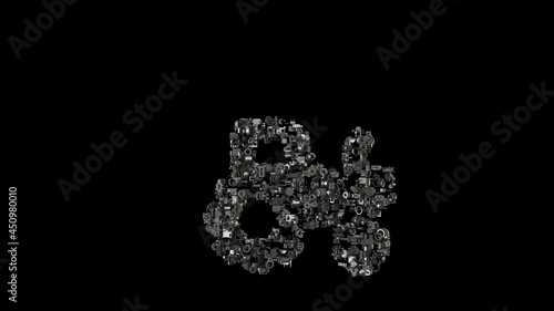 3d rendering mechanical parts in shape of symbol of tractor isolated on black background