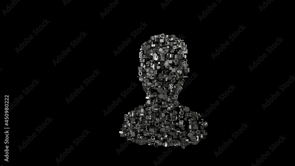 3d rendering mechanical parts in shape of symbol of user isolated on black background