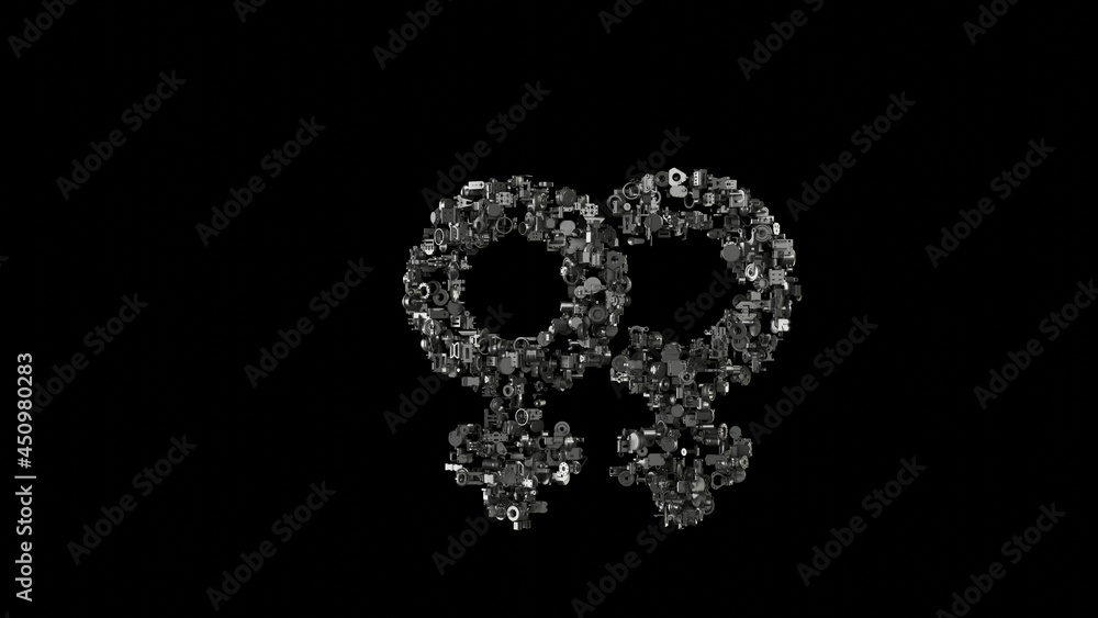 3d rendering mechanical parts in shape of symbol of Venus double isolated on black background