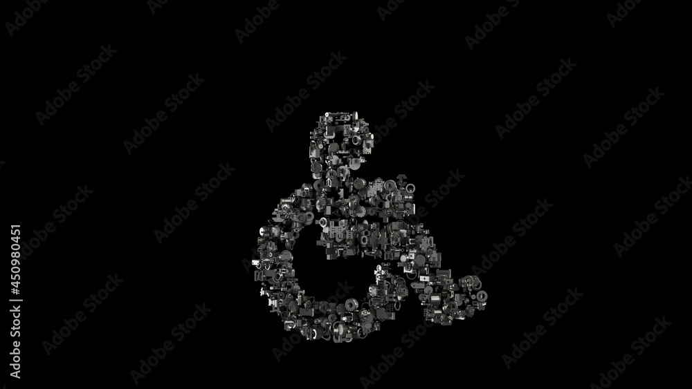 3d rendering mechanical parts in shape of symbol of wheelchair isolated on black background