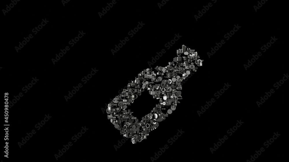 3d rendering mechanical parts in shape of symbol of wine bottle isolated on black background