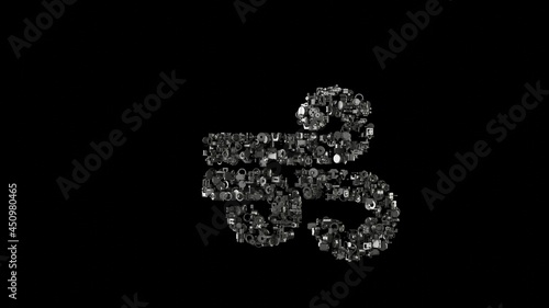 3d rendering mechanical parts in shape of symbol of wind isolated on black background