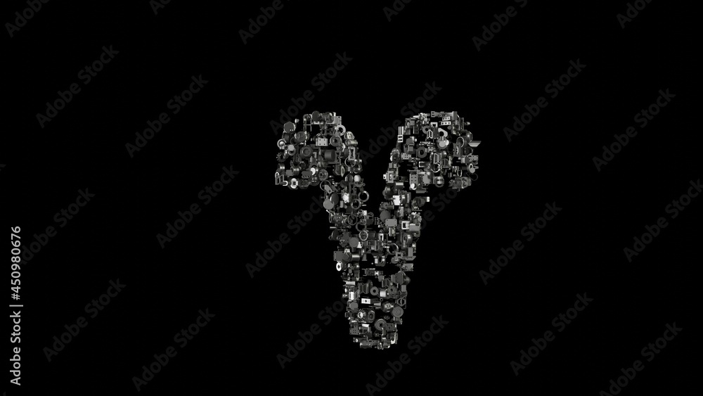 3d rendering mechanical parts in shape of symbol of Aries zodiac isolated on black background