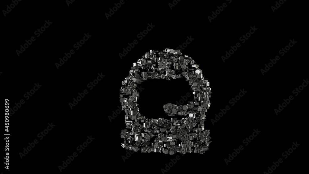 3d rendering mechanical parts in shape of symbol of astronaut helmet isolated on black background